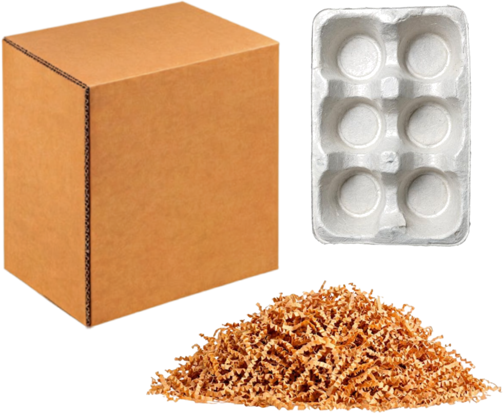 A kraft carton, a molded pulp tray and a heap of paper crinkle void fill