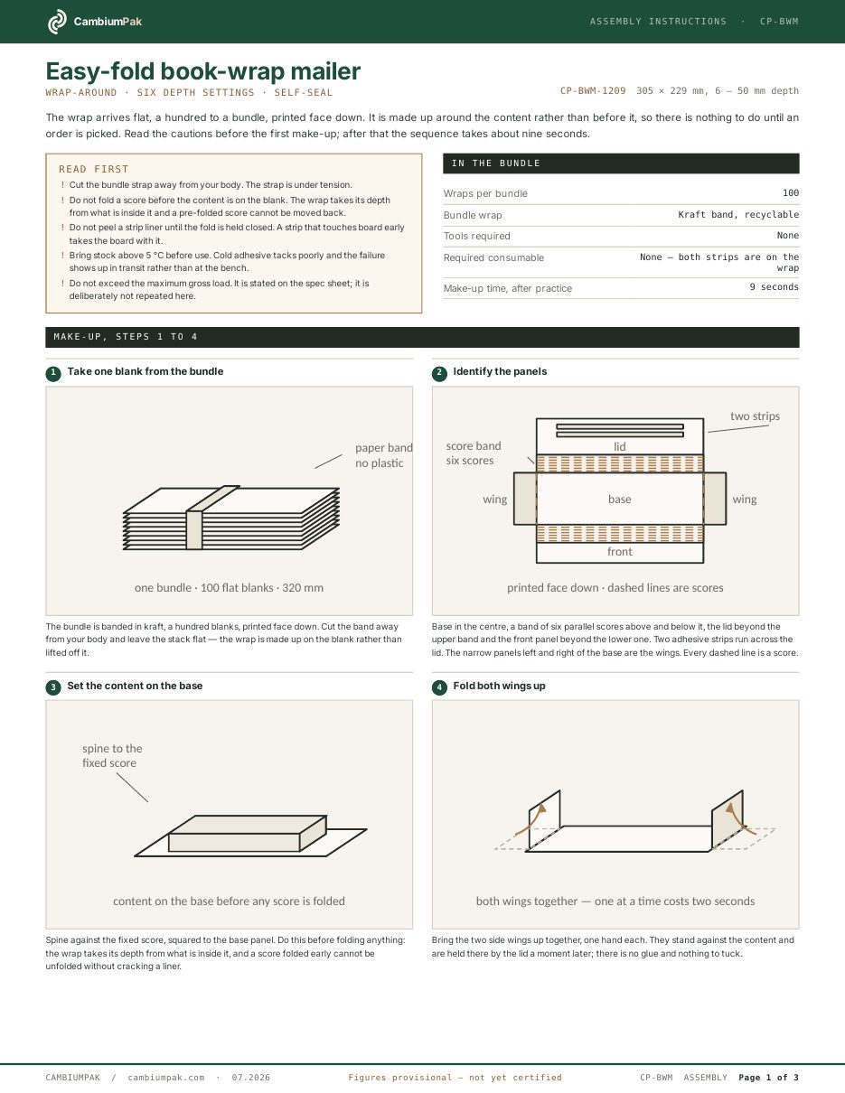 Page one of the assembly instructions for the easy-fold book-wrap mailer