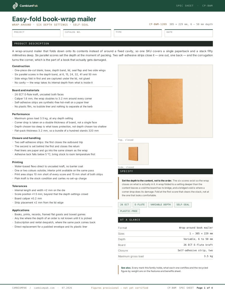 Page one of the spec sheet for the easy-fold book-wrap mailer