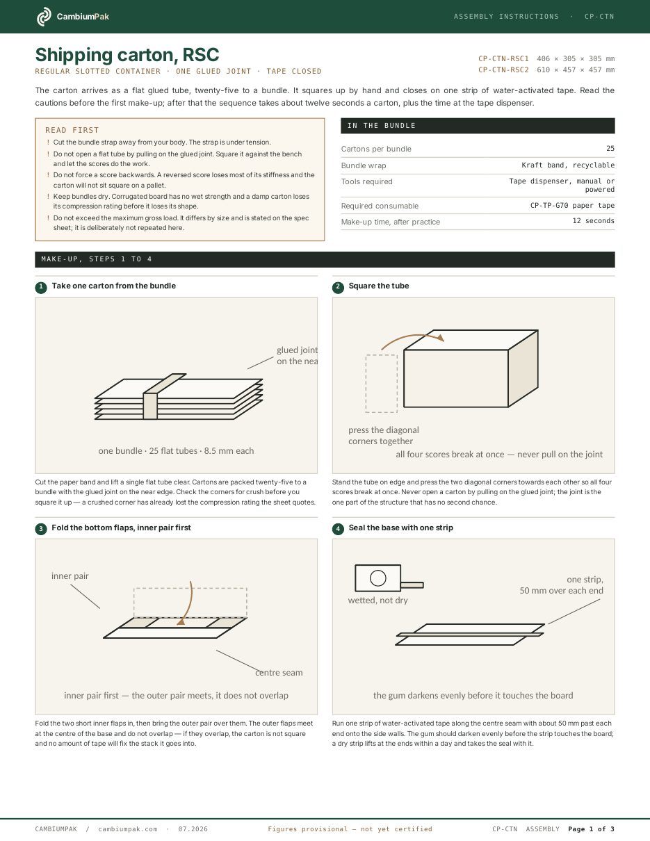 Page one of the assembly instructions for the shipping carton, rsc