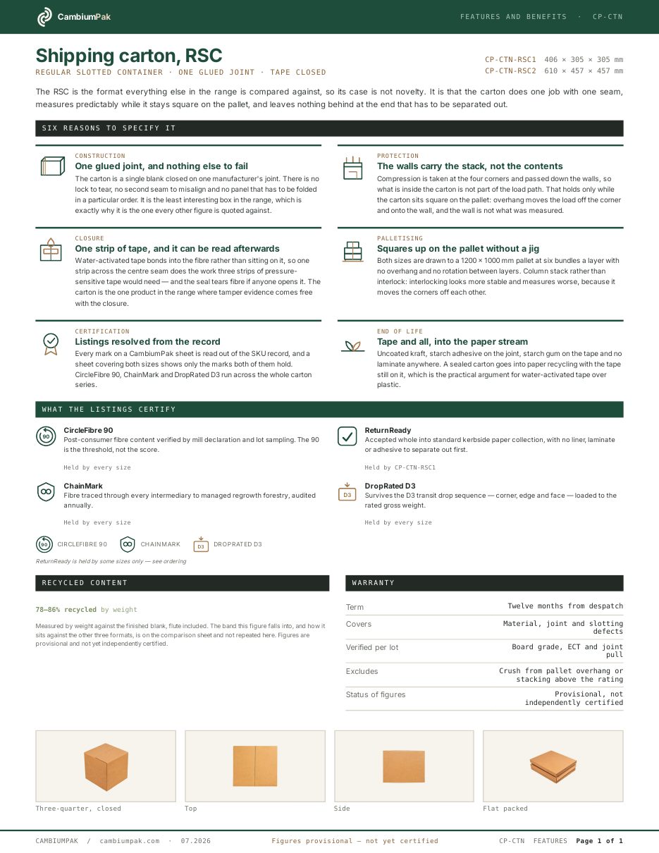 Page one of the features and benefits for the shipping carton, rsc