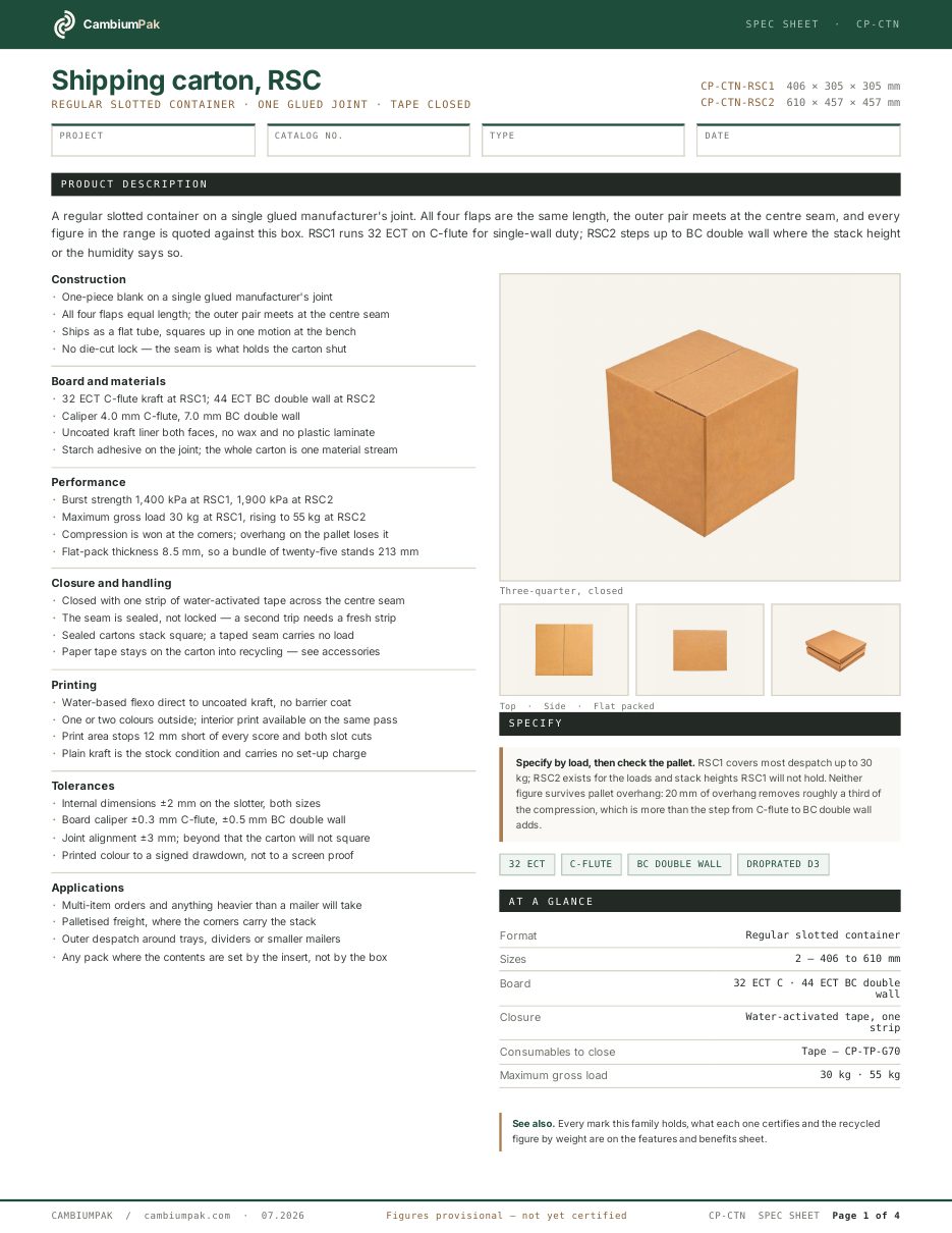 Page one of the spec sheet for the shipping carton, rsc