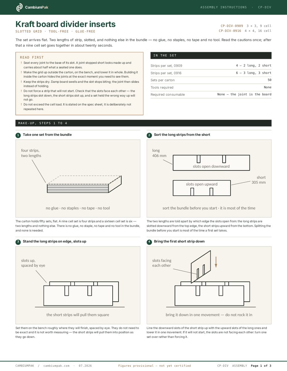 Page one of the assembly instructions for the kraft board divider inserts