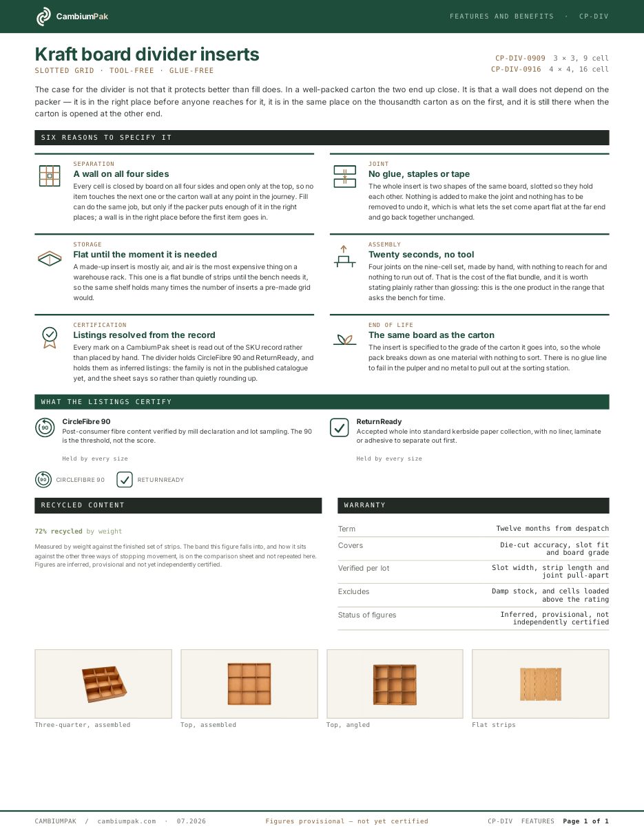 Page one of the features and benefits for the kraft board divider inserts