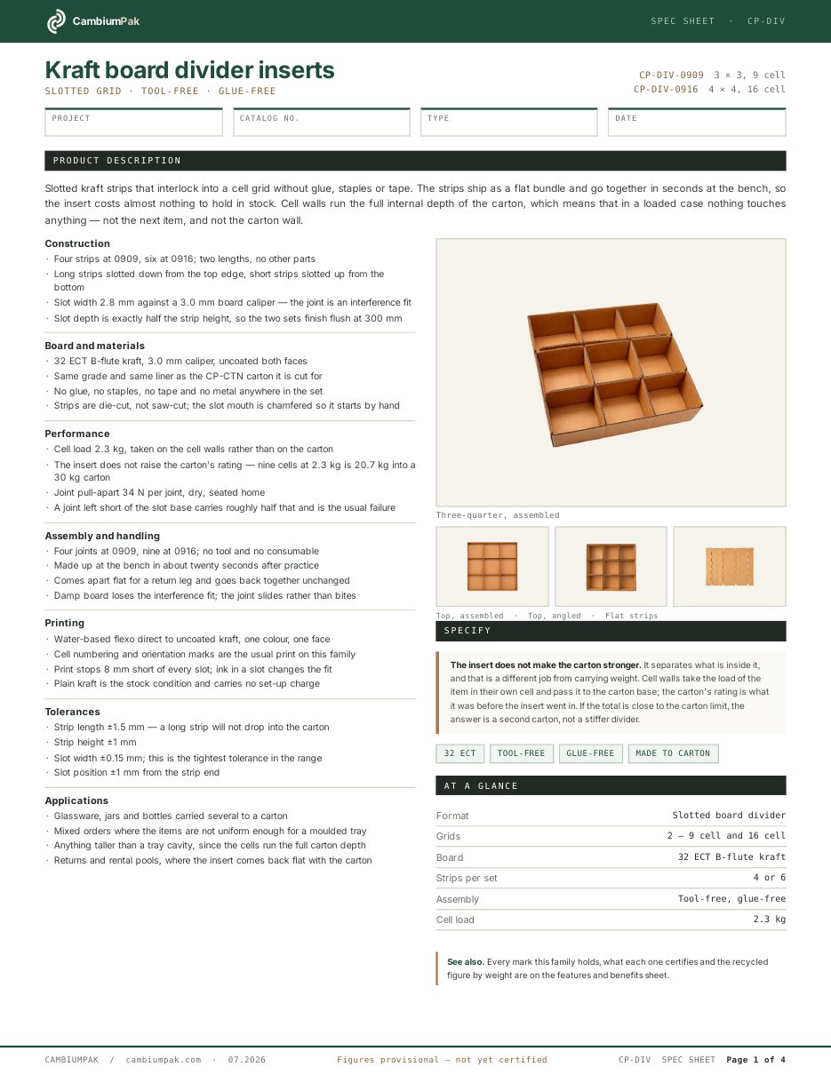 Page one of the spec sheet for the kraft board divider inserts