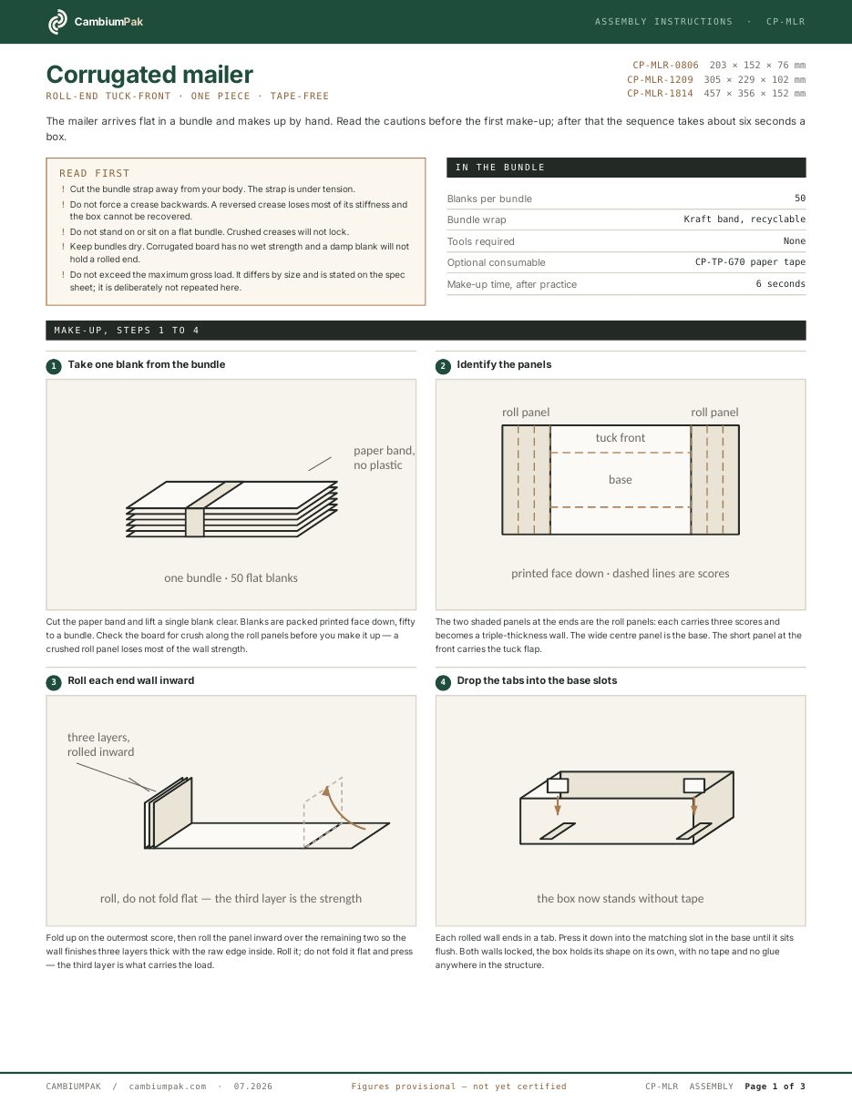 Page one of the assembly instructions for the corrugated mailer