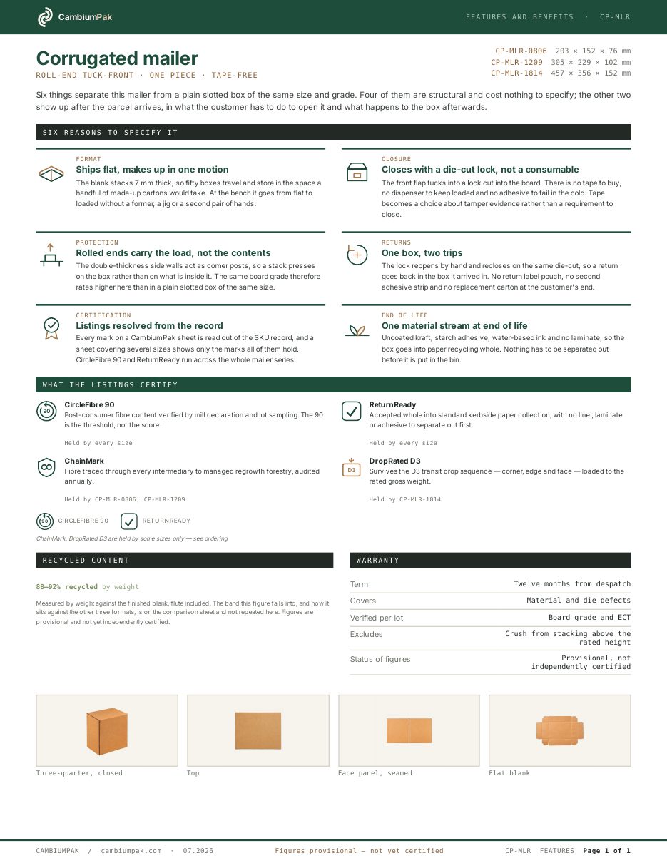 Page one of the features and benefits for the corrugated mailer