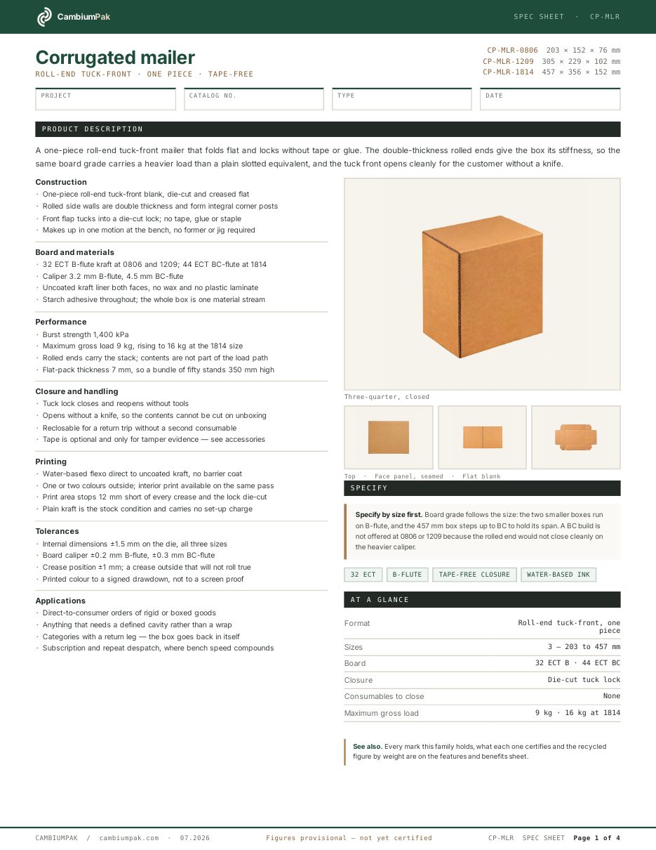 Page one of the spec sheet for the corrugated mailer