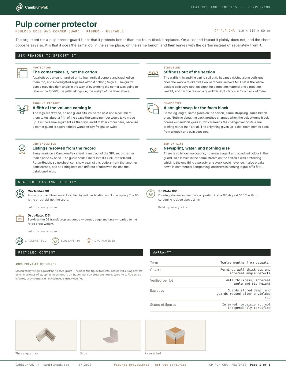 Page one of the features and benefits for the pulp corner protector