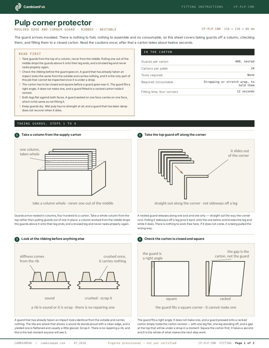 Page one of the fitting instructions for the pulp corner protector