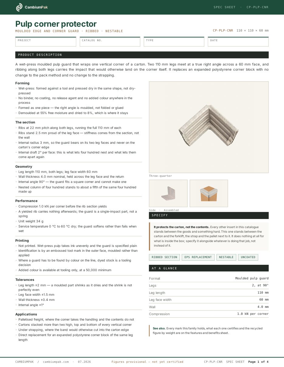 Page one of the spec sheet for the pulp corner protector