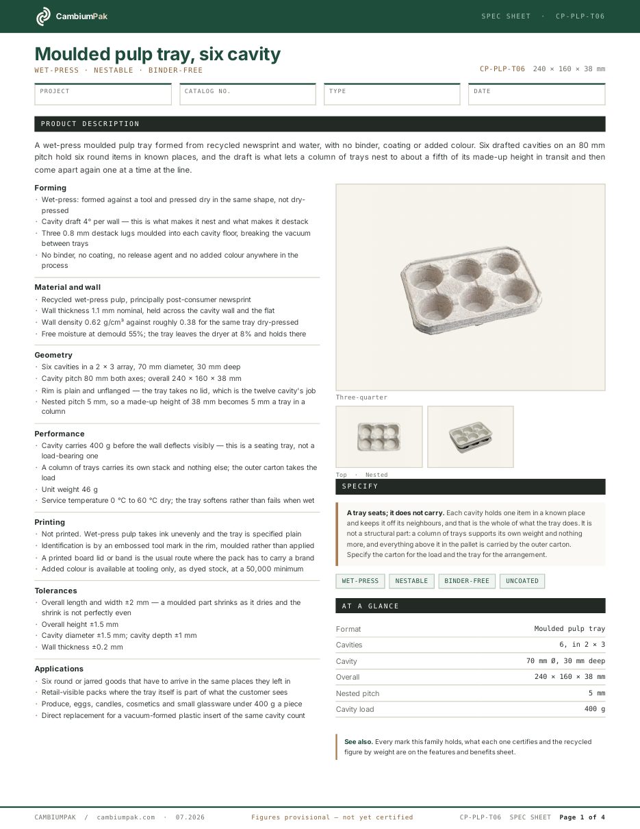 Page one of the spec sheet for the molded pulp tray, 6 cavity