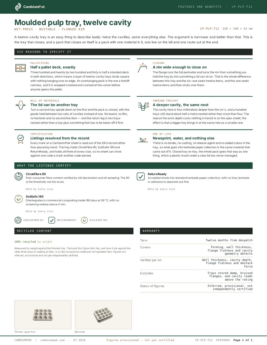 Page one of the features and benefits for the molded pulp tray, 12 cavity
