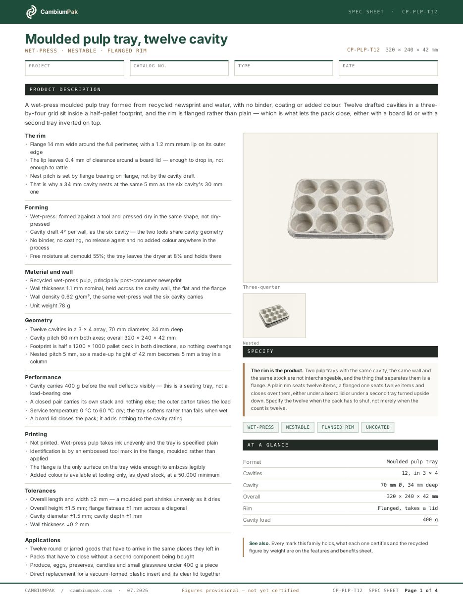 Page one of the spec sheet for the molded pulp tray, 12 cavity