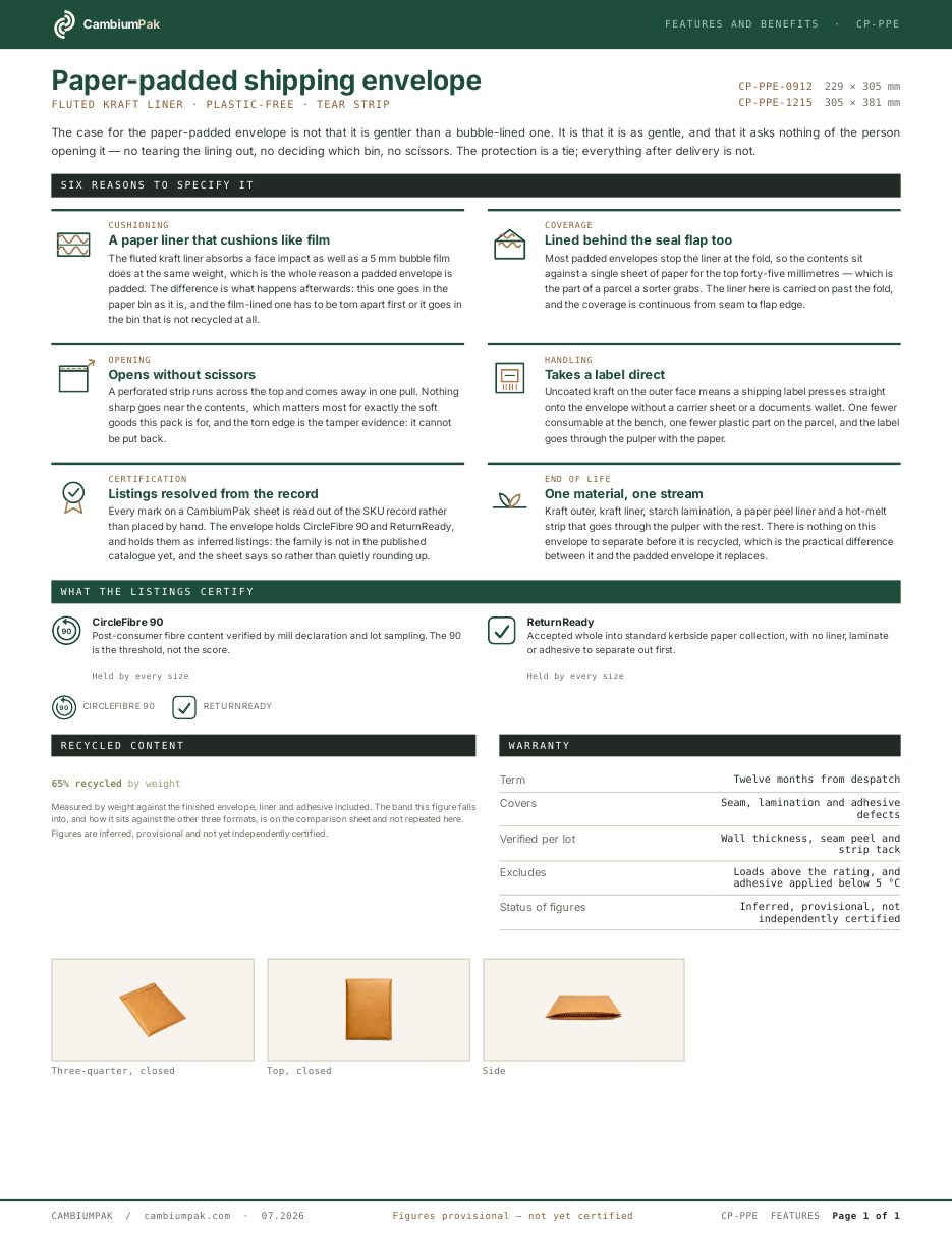 Page one of the features and benefits for the paper-padded shipping envelope