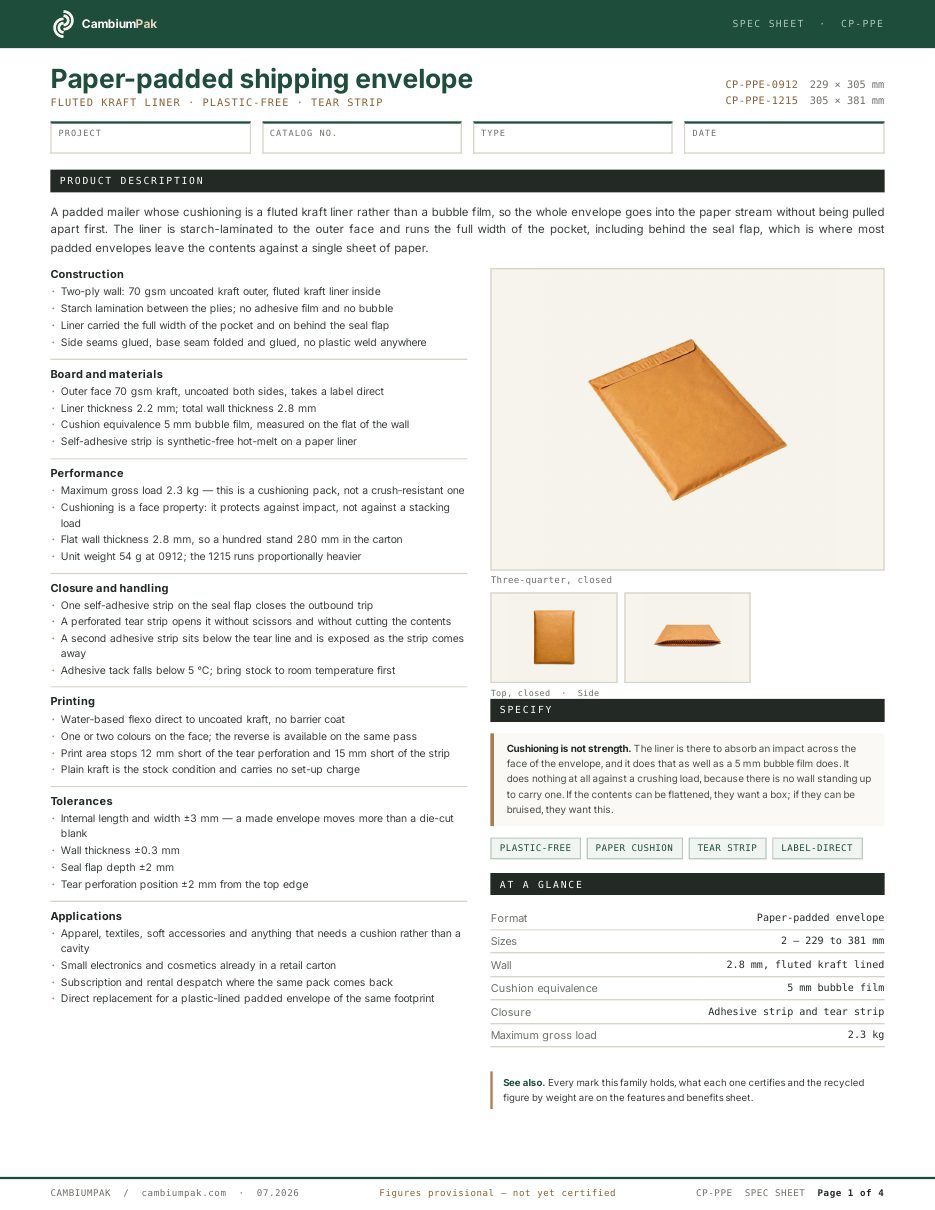 Page one of the spec sheet for the paper-padded shipping envelope