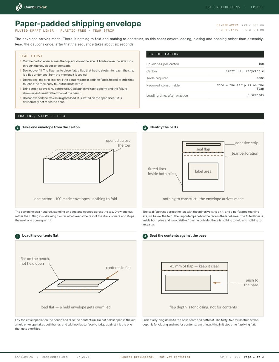 Page one of the use instructions for the paper-padded shipping envelope