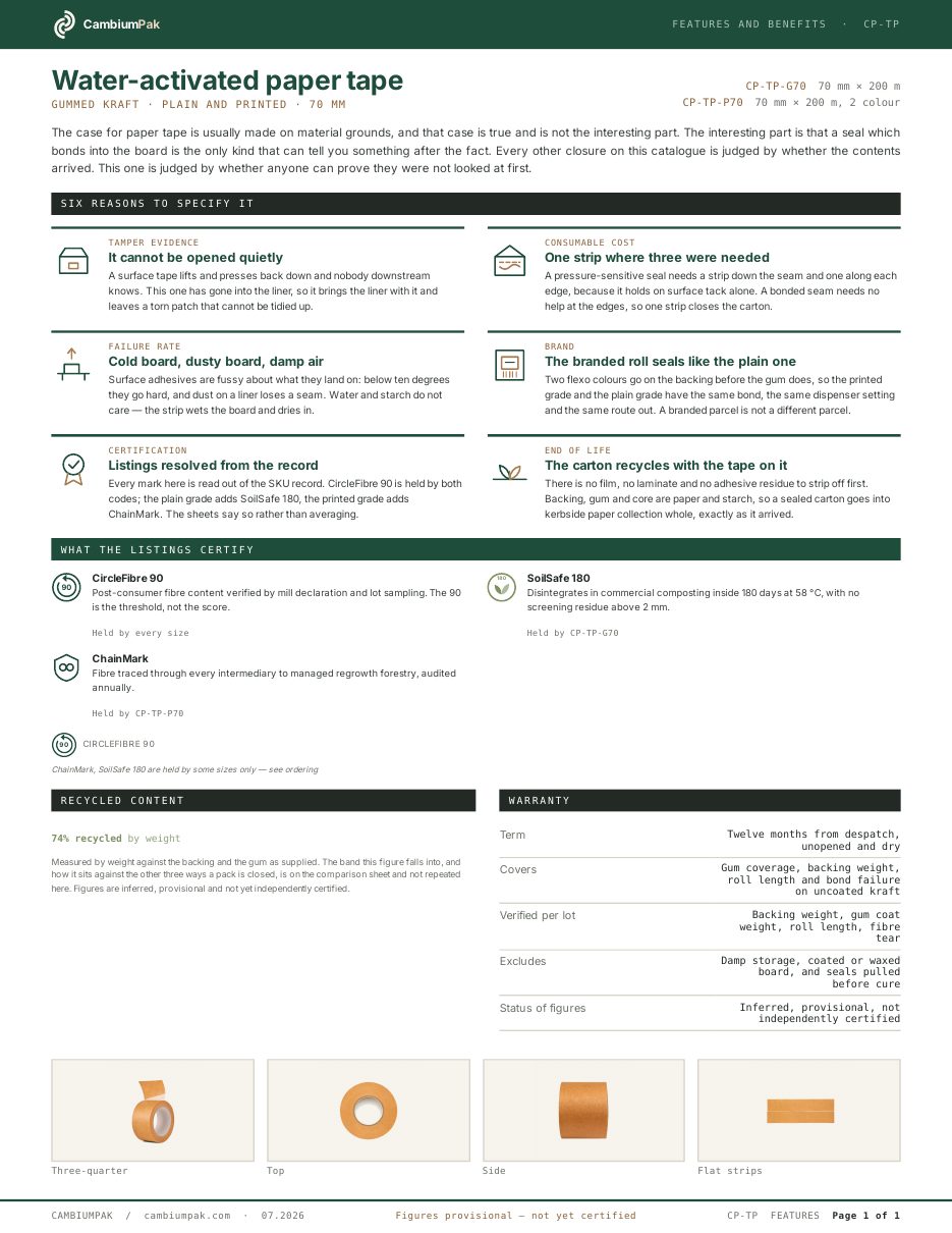 Page one of the features and benefits for the water-activated paper tape