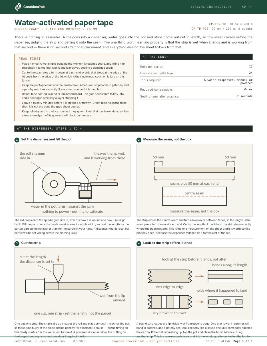 Page one of the sealing instructions for the water-activated paper tape