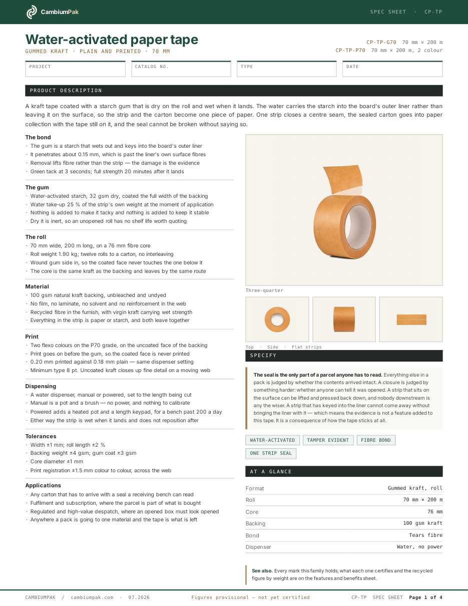 Page one of the spec sheet for the water-activated paper tape