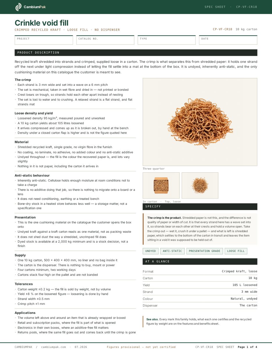 Page one of the spec sheet for the crinkle void fill