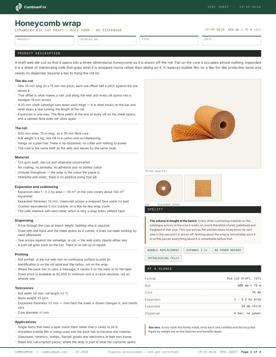 Page one of the spec sheet for the honeycomb wrap
