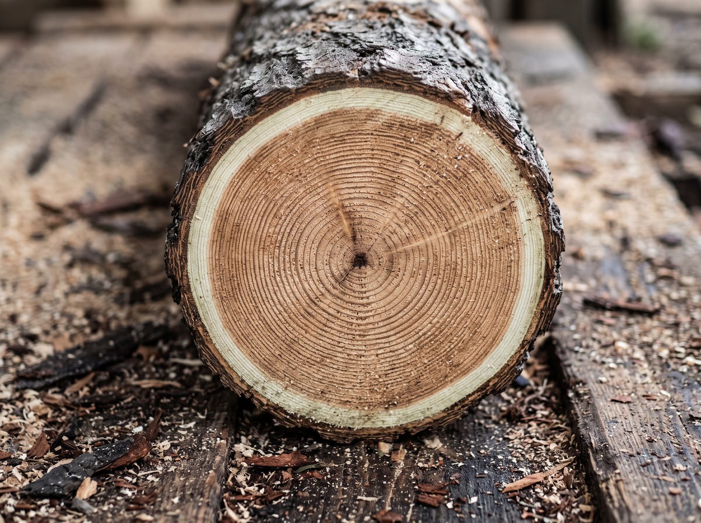 The cut end of a log, showing growth rings and the
         pale living layer just inside the bark